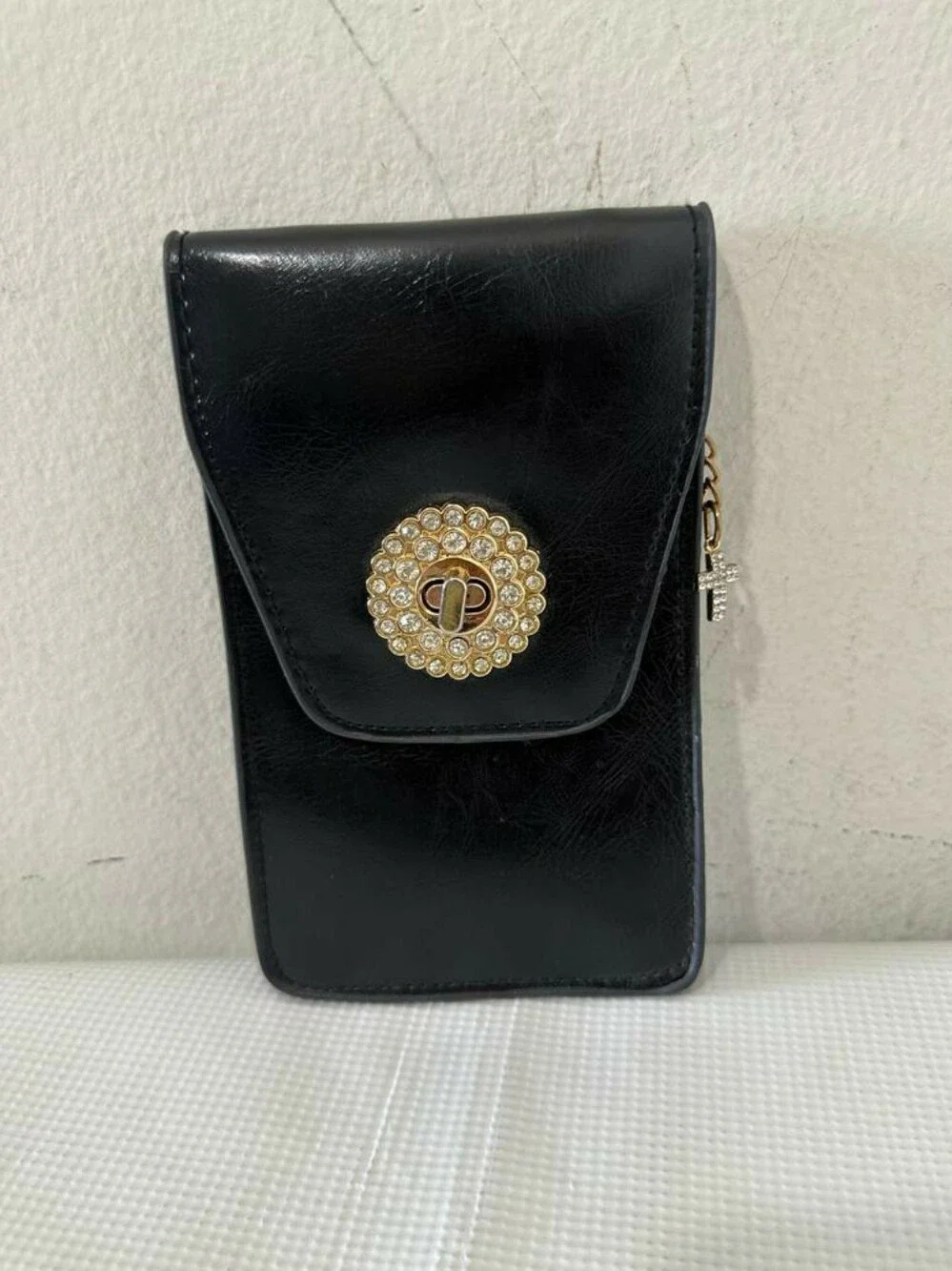 Black Mini Crossbody Phone Purse Pouch Rhinestone Gold Hardware Cross Charm
